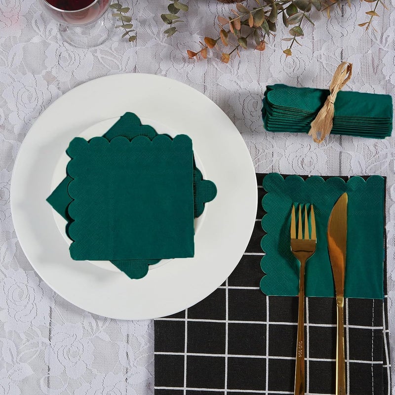 BEFORYOU 100 Pack Cocktail Napkin 2-Ply Scalloped Edged Dessert Napkins Folded 5 x 5 Inches Disposable Napkins for Dinner Wedding Birthday Party Bridal Anniversary Reception Event (Dark Green) - Image 5